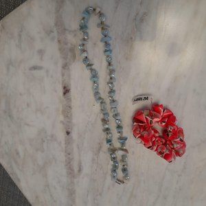 Light Blue Shell and Stone Necklace/ Coral coloured Shell Stretch Bracelet